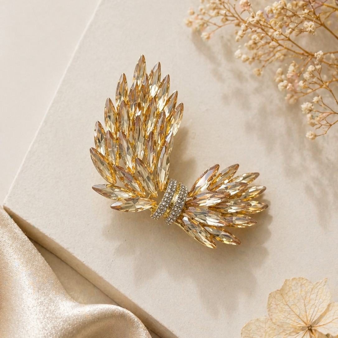 Brož zlaté listy s kamínky – champagne4